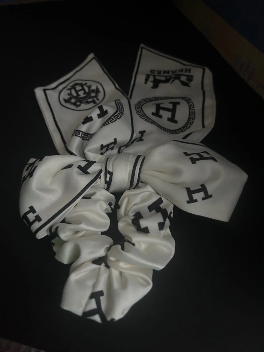 White & Black Logo Bow Scrunchie